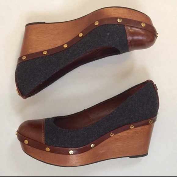 Tory Burch Wooden, Wool & Leather Platform Wedges - Picture 1 of 5
